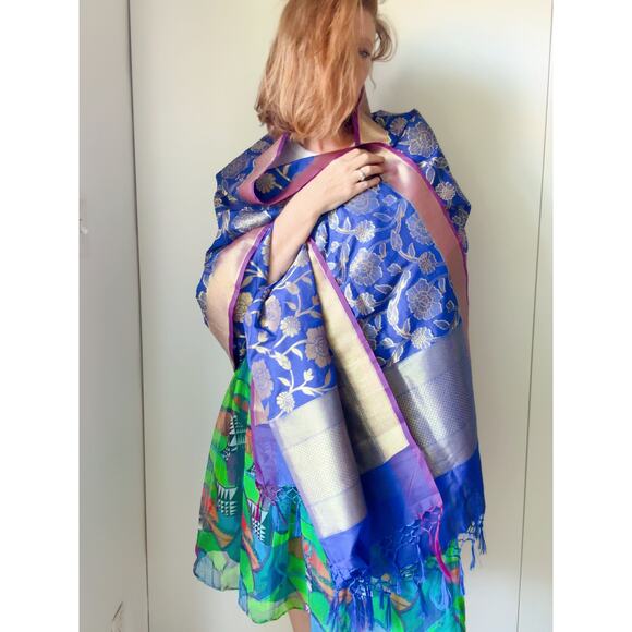 Duppotta Silk Scarf Blue /Purple tassel Trim Ethnic Accessories Wraps Formals - Picture 3 of 10